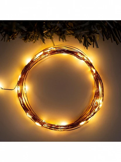 Гирлянда «Нить» 5 м роса, IP20, медная нить, 50 LED, свечение тёплое белое, 2 режима, AAх3