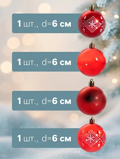 Ёлочные игрушки «Новогодние забавы», шары новогодние, d=5.5 см, набор 4 шт., красный