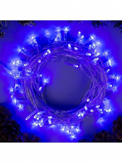 Гирлянда «Нить» 10 м, IP20, прозрачная нить, 100 LED, 8 режимов, 220 В, свечение синее