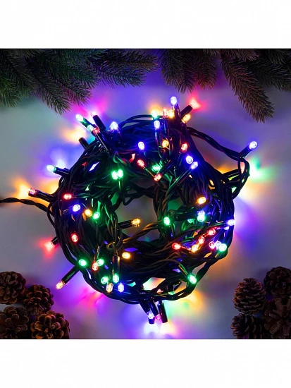 Гирлянда «Нить» 10 м, IP65, УМС, тёмная каучуковая нить, 100 LED, свечение мульти, 220 В