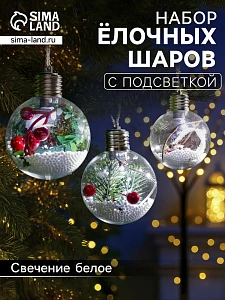 Набор ёлочных шаров «Зимний лес», 3 шт., d=8 см, 1 LED, от батареек, свечение белое