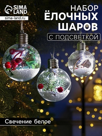 Набор ёлочных шаров «Зимний лес», 3 шт., d=8 см, 1 LED, от батареек, свечение белое