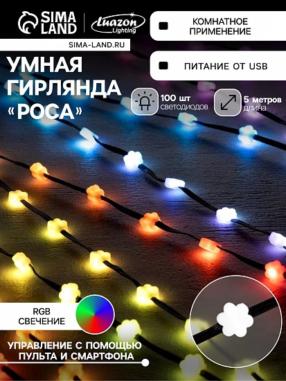 Умная гирлянда «Нить» 5 м роса с насадками «Цветочки», IP20, тёмная нить, 100 LED, пульт ДУ, приложение, свечение RGB, USB