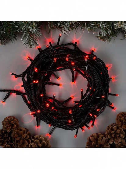 Гирлянда «Нить» 10 м, IP44, УМС, тёмная нить, 100 LED, свечение красное, 220 В