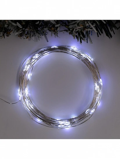Гирлянда «Нить» 5 м роса, IP65, серебристая нить, 50 LED, 8 режимов, батарейки AAх3 (нет в комплекте), свечение белое