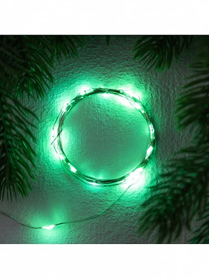 Гирлянда «Нить» 2 м роса. IP20, нить серебристая, 20 LED, 4.6 В, AG13×3 (в комплекте), 3 режима, свечение зелёное