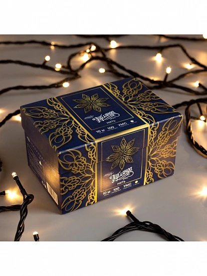Гирлянда «Нить» 10 м, IP44, УМС, тёмная нить, 100 LED, свечение тёплое белое, 220 В