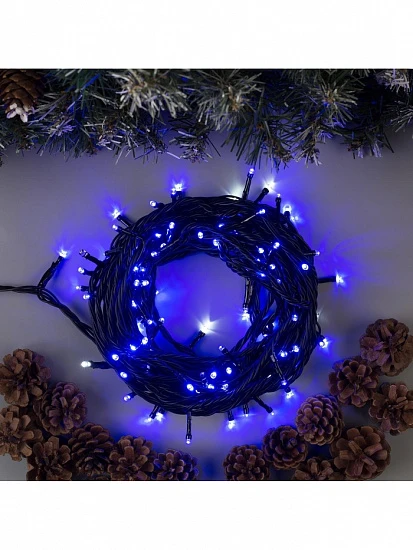 Гирлянда «Нить» 10 м, IP44, УМС, тёмная нить, 100 LED, свечение синее, мерцание белым, 220 В