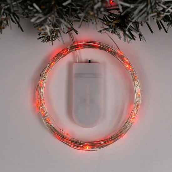 Гирлянда «Нить» 5 м роса, IP20, серебристая нить, 50 LED, батарейки CR2032×2 (в комплекте), свечение красное