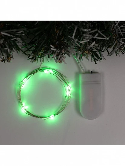 Гирлянда «Нить» 1 м роса, IP20, серебристая нить, 10 LED, батарейки CR2032×2 (в комплекте), свечение зелёное