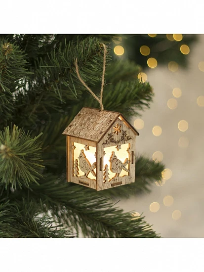 Ёлочная игрушка «Домик с птицей», 8×5×6 см, 1 LED, от батареек, свечение тёплое белое