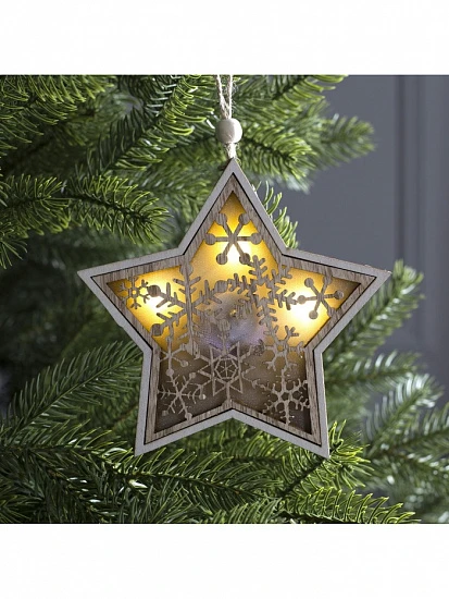 Ёлочная игрушка «Звезда в снежинках», 13×13×1 см, 3 LED, от батареек, свечение тёплое белое