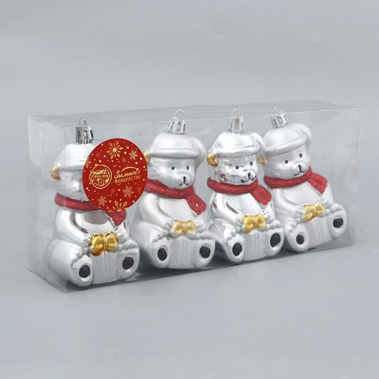 Ёлочная игрушка 4 шт. «Мишка в шарфике» 5.5×8 см, серебро