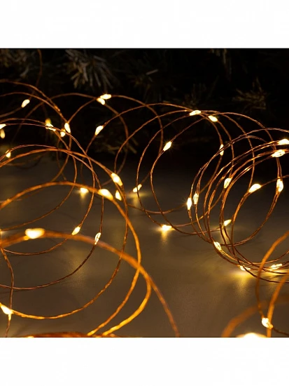 Гирлянда «Нить» 20 м роса, IP20, медная нить, 200 LED, свечение тёплое белое, 12 В