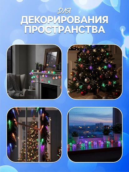 Гирлянда «Нить» 5 м с насадками «Шарики синие», IP20, прозрачная нить, 30 LED, свечение синее, 8 режимов, 220 В