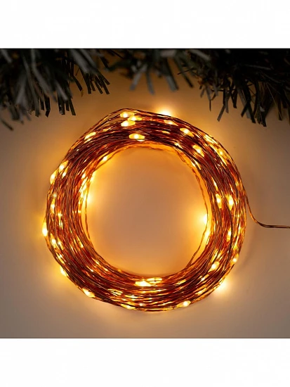 Гирлянда «Нить» 20 м роса, IP20, медная нить, 200 LED, свечение тёплое белое, 12 В