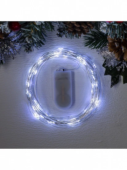 Гирлянда «Нить» 5 м роса, IP20, серебристая нить, 50 LED, батарейки CR2032×2 (в комплекте), свечение белое