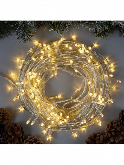 Гирлянда «Нить» 20 м, IP20, прозрачная нить, 200 LED, 8 режимов, 220 В, свечение тёплое белое