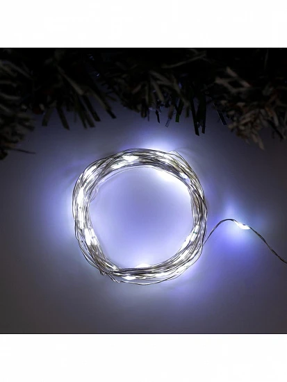 Гирлянда «Нить» 5 м роса, IP20, серебристая нить, 50 LED, 2 режима, батарейки AAх3 (не в комплекте), свечение белое